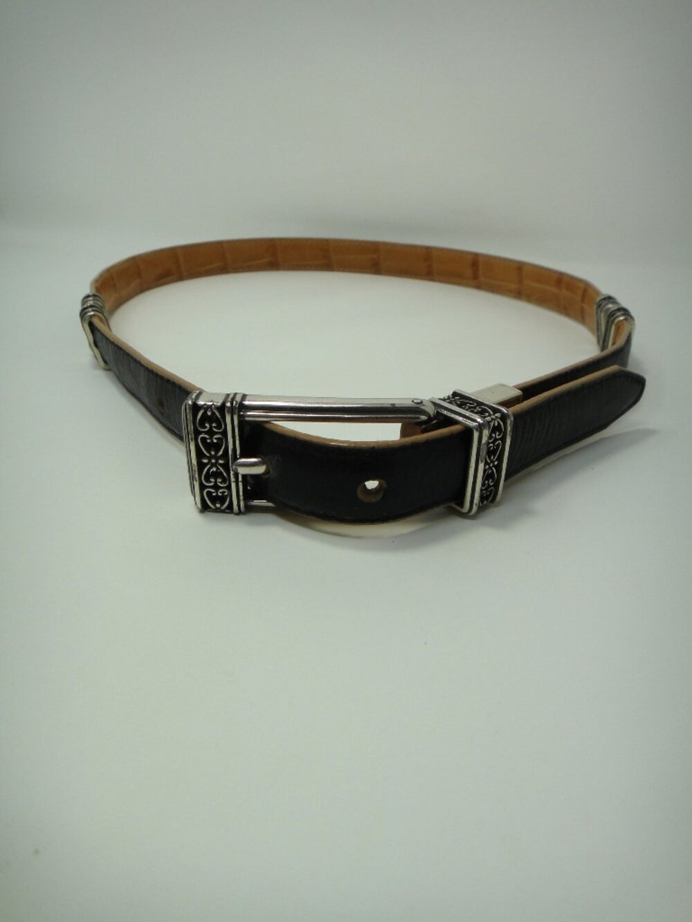 Brighton Black Tan Faux Croc Reversible Belt  Silver Tone Buckle Size M 30